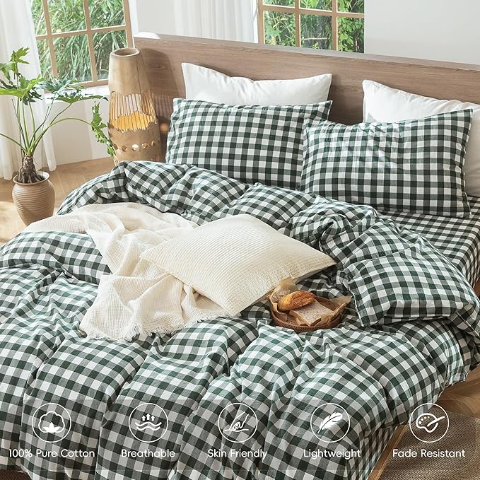 MooMee Gingham Duvet Cover Set 100% Washed Cotton Linen Like Textured Breathable Durable Soft Comfy Modern Checkered Design (Buffalo Plaid Forest Green, Palatial King/Oversized King 120"x98")