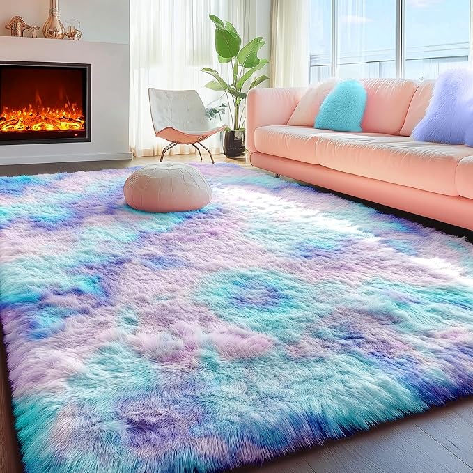PAGISOFE 9x12 Rainbow Large Area Rug for Bedroom Girls, Cute Kawaii Purple Rainbow Princess Rugs for Kids Room Playroom Nursery Classroom, Plush Mermaid Rug,Clorful Room Decor for Teenage Pastel Rugs