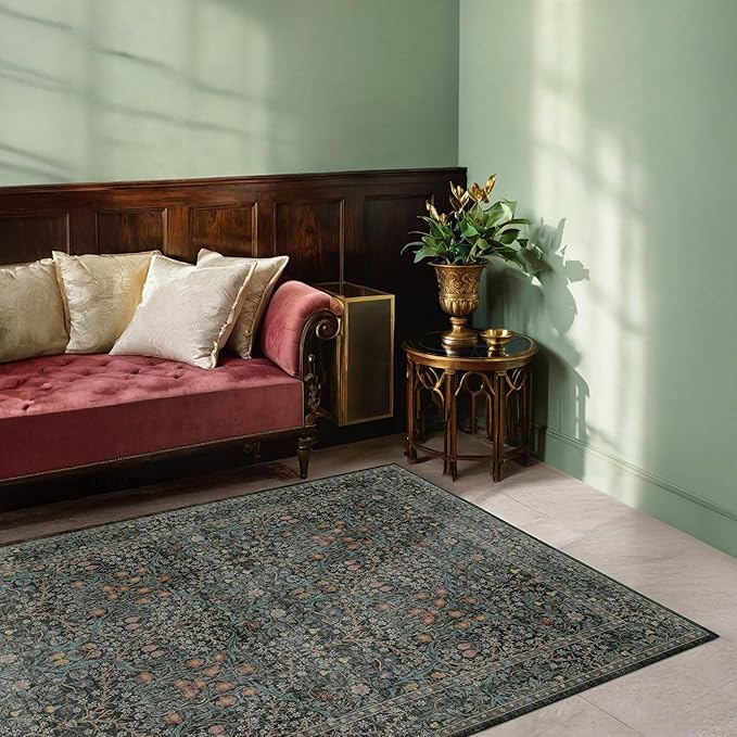 Dark Green Floral Living Room Rug 5x7 Area Rug - Vintage Forest Washable Mat for Dining Room, Bedroom, Low Pile Non Slip Stain Resistance Distressed Retro Indoor Boho Carpet (5x7 Dark Green)