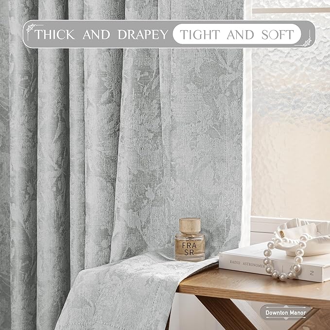 Beauoop Grey Floral Jacquard Blackout Curtains 72 Inches Long 2 Panels for Bedroom Living Room Gray Flower Chenille Room Darkening Thermal Insulated Soundproof Grommet Window Treatments Drapes, 52x72