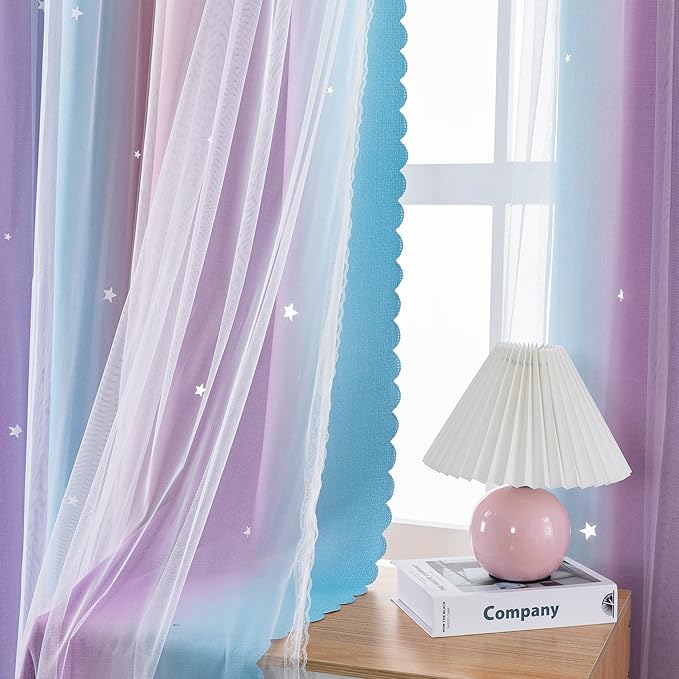 XiDi Curtains for Bedroom Decor, Rainbow Pink Purple/34/90