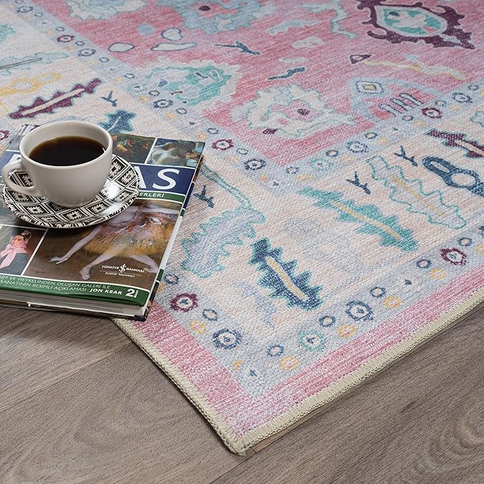 Fame Rugs Pink Modern Oushak Rug 8x10, Vintage Turkish Colorful Oriental Washable Antique Inspired Large Area Rugs, Luxury Living Room Bedroom (385PB, 7'6 x 10')
