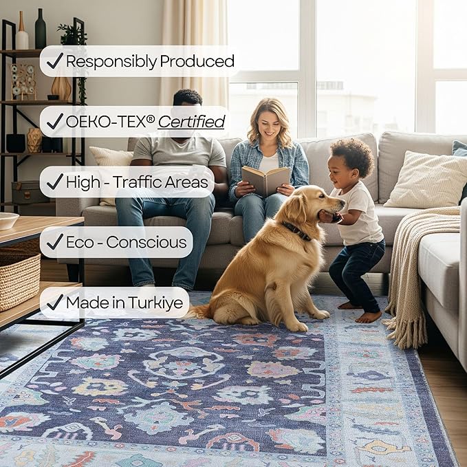 Fame Rugs Navy Blue Modern Oushak Rug 5x7, Washable Vintage Turkish Colorful Oriental Antique Inspired Area Rugs, Luxury Living Room Bedroom (388NB, 5' x 7')