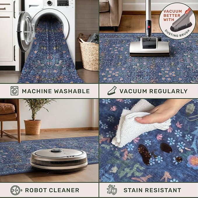 Vintage Dark Blue 3x6 Area Rugs for Large Entryway, Bedroom Beside Rug, Kitchen, Laundry Room, Non-Slip Low Pile Ultra Soft Stain Resistant Small Floral Carpet