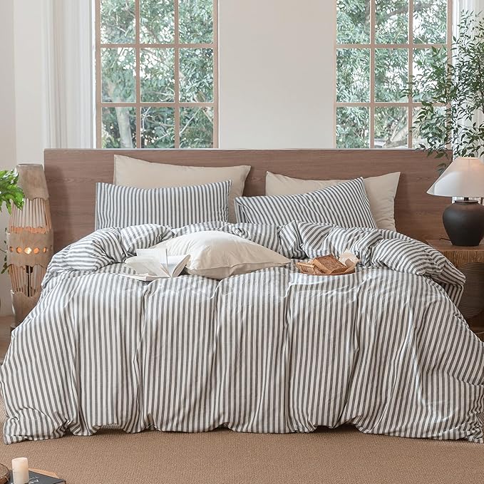 MooMee Striped Duvet Cover Set 100% Washed Cotton Linen Like Textured Breathable Durable Soft Comfy (Dark Grey White Classic Stripes, Oversized Queen 98"x98")