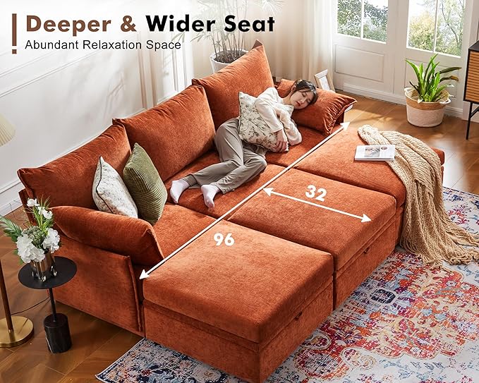 ABCASA 134.6" Oversized Modular Sectional Sofa, 6 Seater U Shaped Couch with Storage Ottoman with Reversible Chaise Deep Seat for Living Room, Apartment - Chenille Terracotta Orange