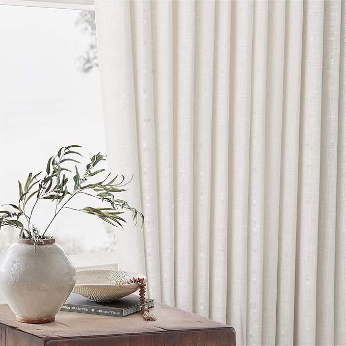 Extra Wide Pinch Pleat Linen Curtains 120 Inches Long for Living Room Sliding Glass Door 70 Inch Wide Sheer Curtain Cream Ivory Boho Pleated Drape with Hooks Rings 70x120 Large Window Curtain 1 Panel