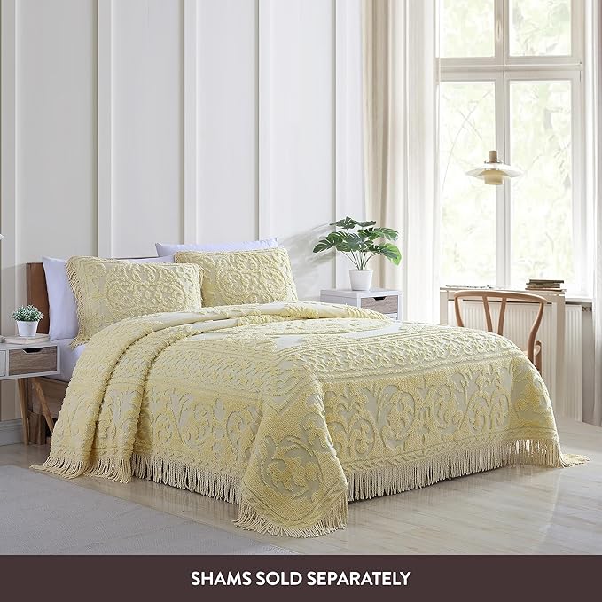 Beatrice Home Fashions Medallion Chenille Bedspread, Queen, Yellow