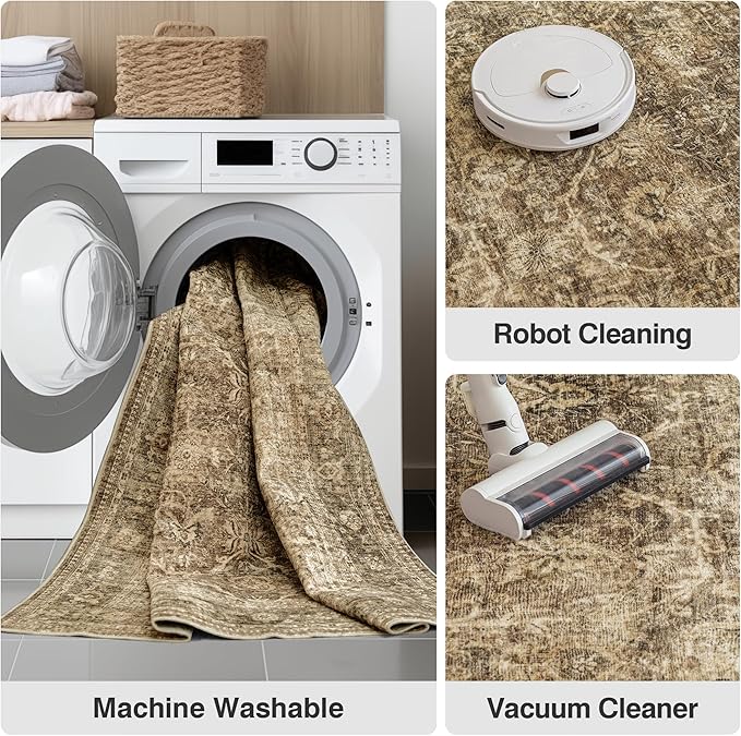Fmfunctex 3x7 Runner Rug Brown Washable Vintage Neutral Distressed Non Slip Low Pile Indoor Carpet Soft Retro Floral Hallway Entryway Rug for Kitchen Living Room Bedroom Bathroom Laundry Entry Bedside