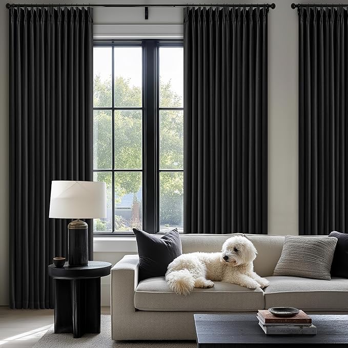 Neutral Black Linen Pinch Pleated Blackout Curtains 108 Inches Long for Bedroom Pleated 100% Black Out Drapes with Liner Black Farmhouse Modern Extra Long 108 Inch Curtain for Living Dining Room
