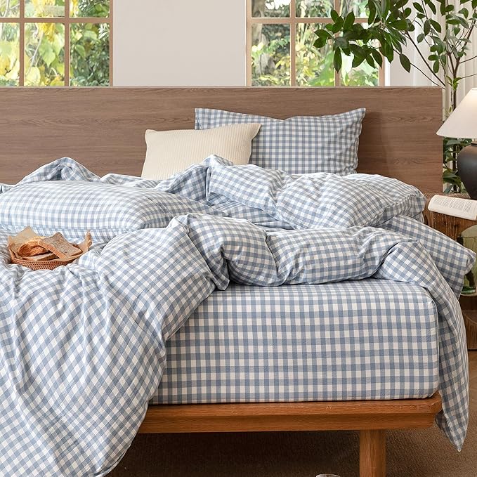 MooMee Gingham Duvet Cover Set 100% Washed Cotton Linen Like Textured Breathable Durable Soft Comfy Modern Checkered Design (Classic Gingham Cornflower Blue, Twin 68"x90")