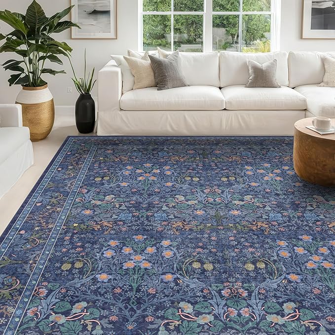 Washable Dark Blue Rug for Living Room - 10x14 Large Area Rug for Dining Room Under Table, Bedroom, Soft Low Pile Non-Slip Stain Resistant Carpet - Vintage Navy Floral Design