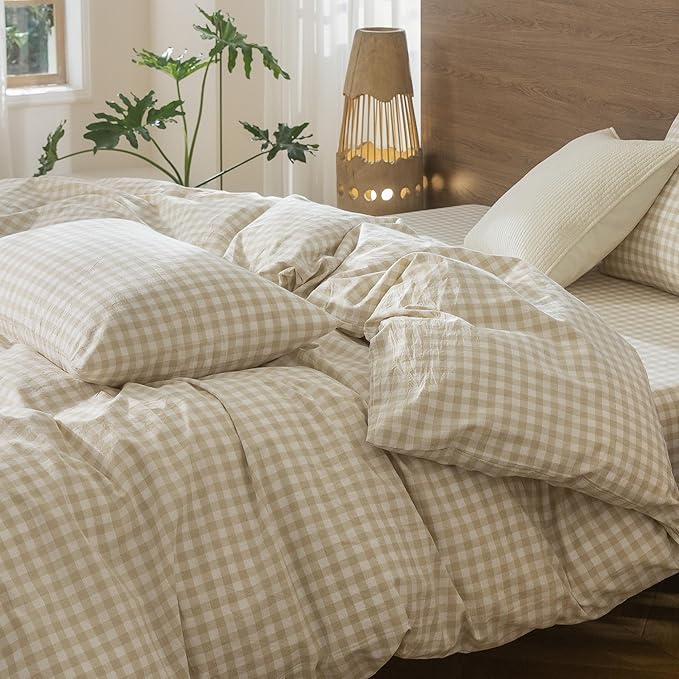 MooMee Gingham Duvet Cover Set 100% Washed Cotton Linen Like Textured Breathable Durable Soft Comfy Modern Checkered Design (Almond Milk Grey Gingham, Queen 90"x90")