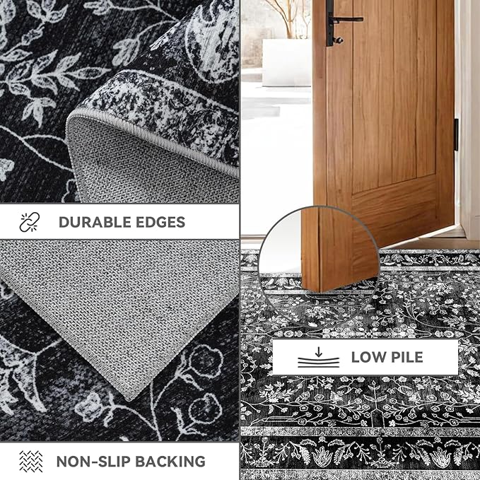 Area Rugs 5x7, Machine Washable Vintage Black Rugs for Living Room Large Carpets Indoor Floor Non Slip Distressed Rug Soft Area Rug for Bedroom Dining Room Home Office | Black