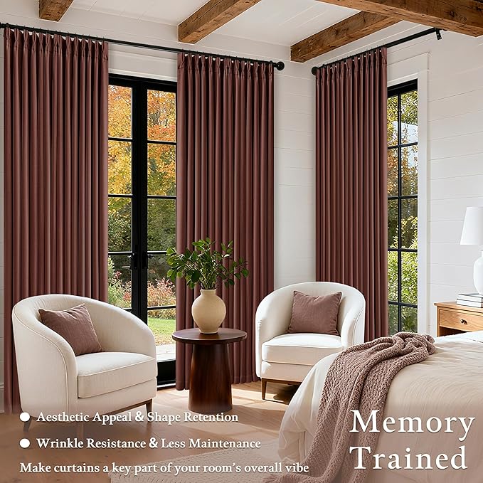 Chestnut Brown Pinch Pleated Blackout Linen Curtains 86 Inches Long for Bedroom Pleated 100% Black Out Drapes with Liner Rust Farmhouse Country Extra Long 86 Inch Curtain for Living Dining Room