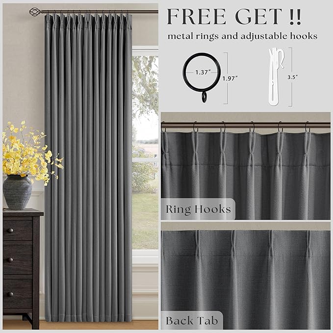 Dark Gray Linen Blackout Pleated Curtains 90 Inches Long for Living Room Darkening Pinch Pleat 100% Black Out Drapes Thermal Insulated Soundproof Charcoal Grey 90 Inch Curtain for Dining Bedroom