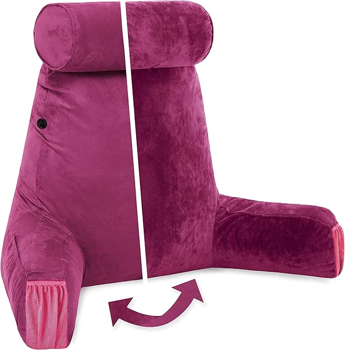 Husband Pillow Medium - Reading Bed Pillow with Arms - Premium Shredded Memory Foam Bed Pillow for Sitting Up - Aspen Edition Sldig Raspberry - Reversible 2 Sided Cover with Plush Microfiber and Suede