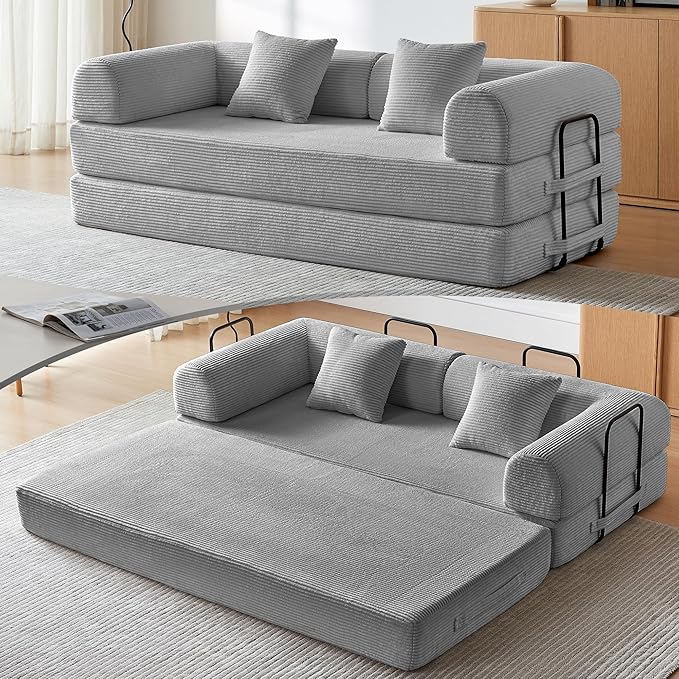 Convertible Sleeper Sofa Bed, Sleeper Sofa with Pillow | Corduroy Fabric | High-Density Sponge | Fixed-Shape Frame, Modular Sofa Bed for Living Room Lounge Studio (Light Grey)