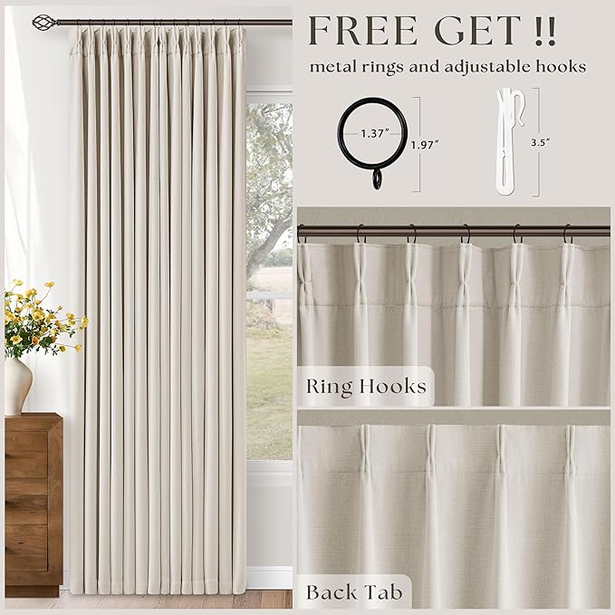 Pinch Pleated Blackout Linen Curtains 84 Inch Long for Living Room Bedroom Room Darkening Thick Linen Curtain 84 Inch Length 2 Panels Set Double Layer Boho Farmhouse Cream Ivory Natural Window Drapes