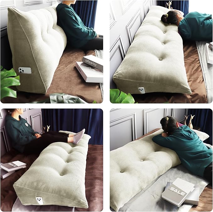 WOWMAX 100% Cotton Corduroy Headboard Pillow – Queen Size Back Support Reading Wedge for Bed & Daybed, Plush Handmade Bolster Cushion with Removable Cover, Cozy Bed Rest Pillow, White