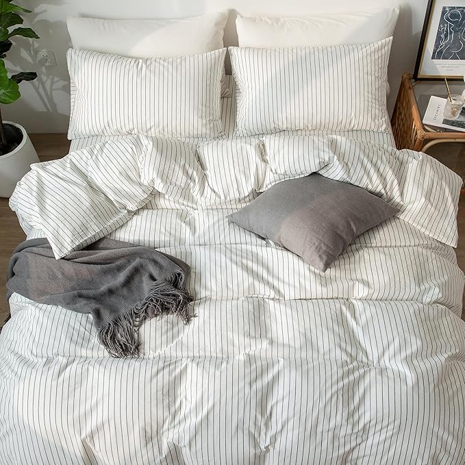 MooMee Striped Duvet Cover Set 100% Washed Cotton Linen Like Textured Breathable Durable Soft Comfy (White Dark Grey Wide Stripes, Oversized King Plus 128"x120")
