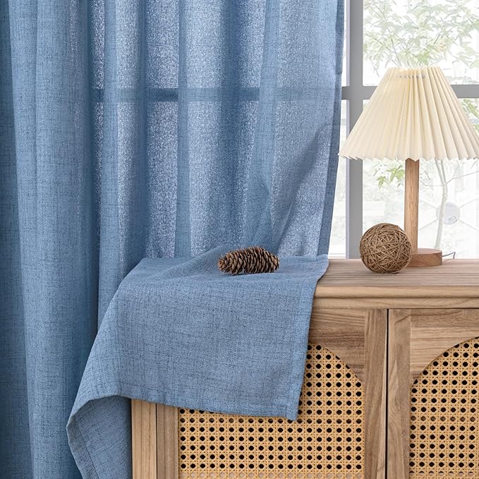 YoungsTex Denim Blue Linen Curtains 48 Inches Long for Short Window, Semi Sheer Drapes with Bronze Grommet Privacy Light Filtering for Bedroom Living Room Kitchen, 42 x 48 Inch, 2 Panels