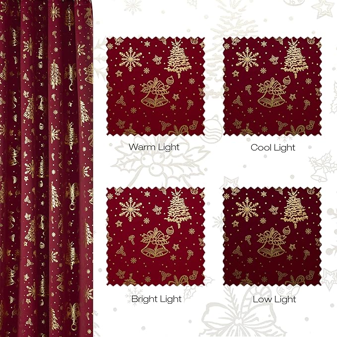 NICETOWN 2 Panels Christmas Red Curtains 52 x 108 Inch, Gold Stamping Grommet Drapes for Holiday Decoration, Christmas Style Window Treatment for Living Room Bedroom, Home Decor