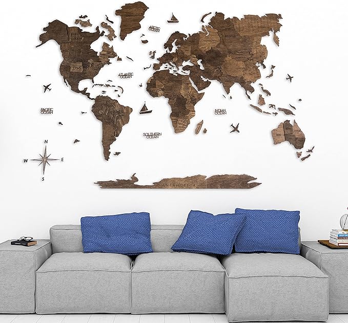 Handmade 3D Wood World Map Wall Art Large Wall Decor Track Your World Travels - Special for Home, Kitchen and Office (X-Large, Walnut)