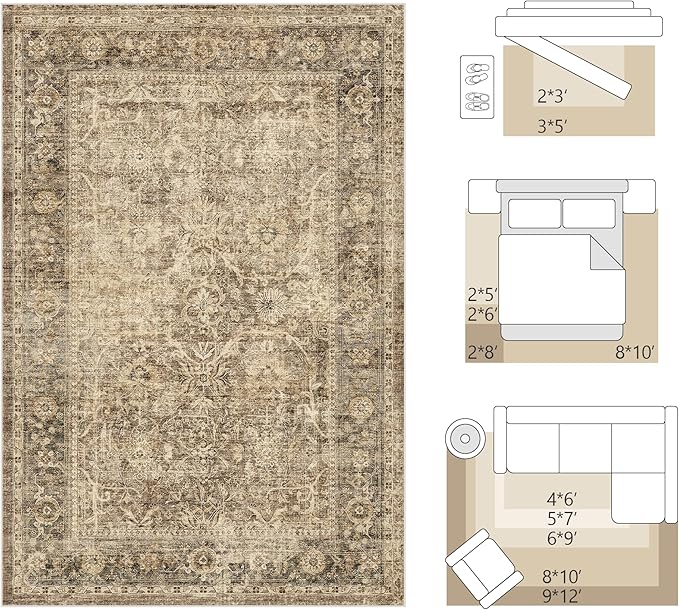 FMFUNCTEX 5x7 Washable Area Rug Neutral Vintage Brown Non Slip Low Pile Traditional Indoor Carpet for Living Room Bedroom Soft Retro Floral Mat Throw Rug for Dining Office Kitchen Dorm Entryway