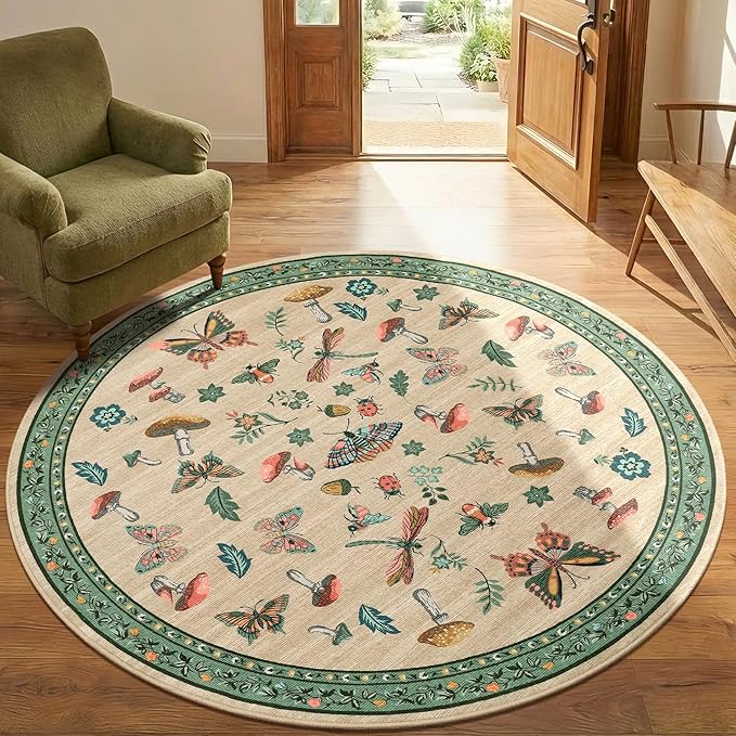 Mushroom Insect 4ft Round Rug Washable Non-Slip Soft Ultra-Thin Small Boho Circle Carpet for Entryway Kitchen Bedroom Nursery Dining Room Khaki Green