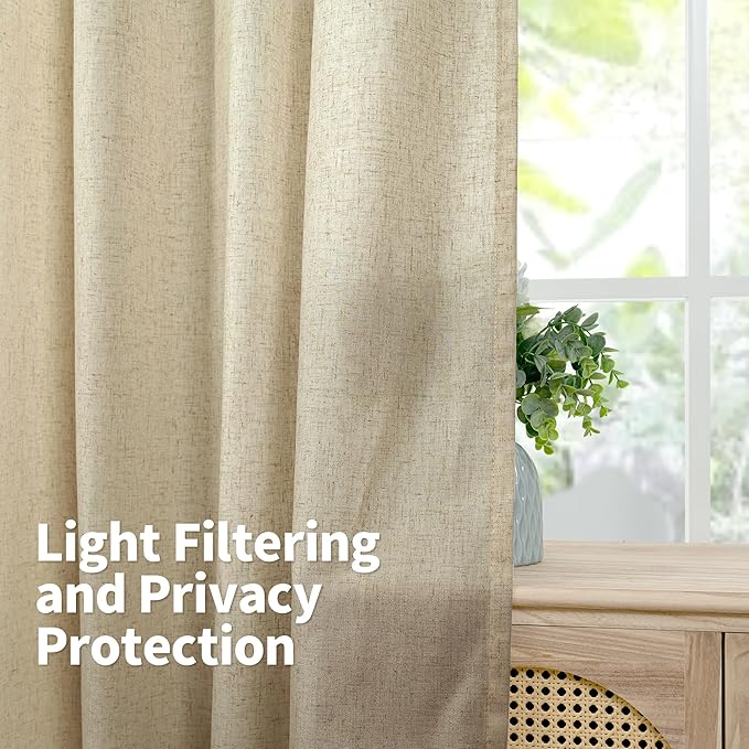 YoungsTex Burlap Linen Curtains 80 Inches Length for Living Room Farmhouse, Natural Semi Sheer Window Treatments Light Filtering with Grommet Privacy for Bedroom, 2 Panels, 52 X 80 Inch