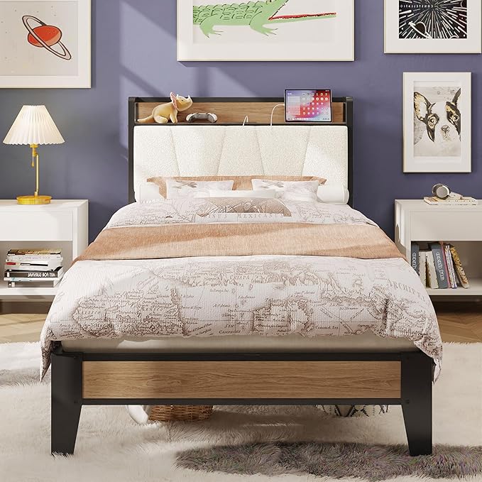 LIKIMIO Twin Bed Frames, Storage Headboard with Charging Station, Solid and Stable, Noise Free, No Box Spring Needed, Easy Assembly, Wood and Cream