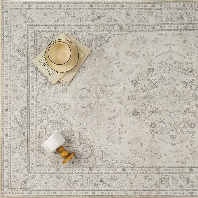 Beige 8x10 Area Rug Washable Vintage Carpet for Living Room Bedroom Large Soft Retro Floral Low Pile Thin Indoor Rug Non Slip Central Medallion Floor Cover for Dining Room Office
