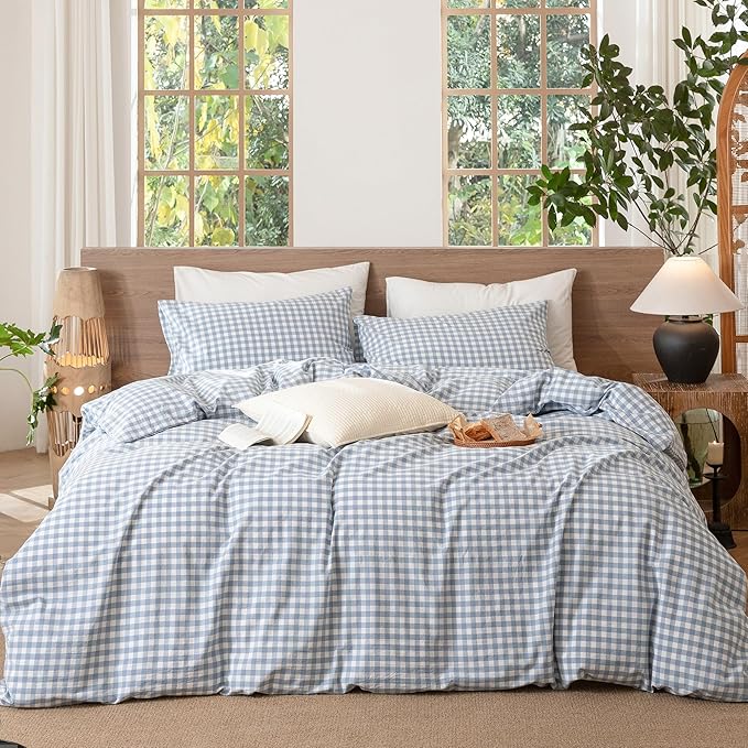 MooMee Gingham Duvet Cover Set 100% Washed Cotton Linen Like Textured Breathable Durable Soft Comfy Modern Checkered Design (Classic Gingham Cornflower Blue, Super Queen 90"x98")