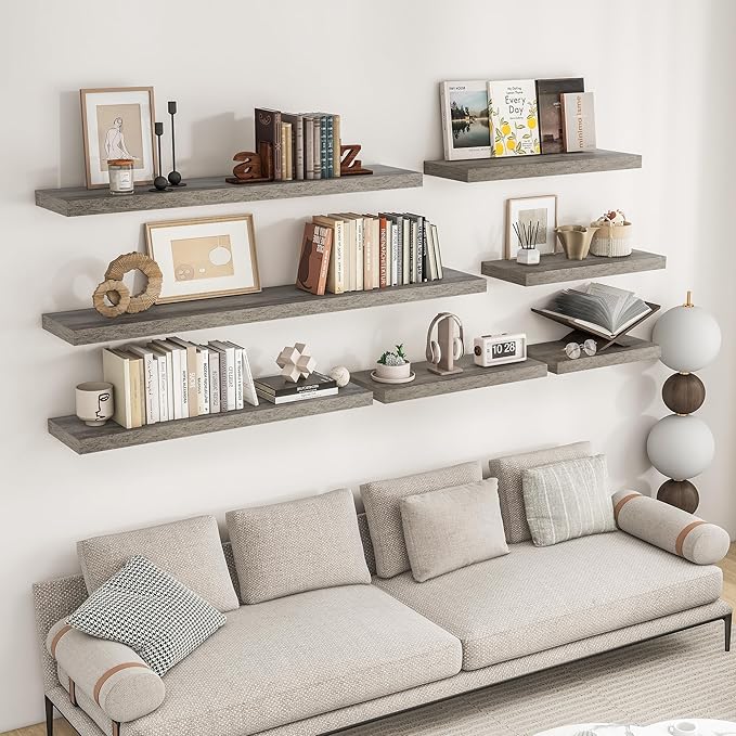 RICHFOCUS 24Inch Floating Shelves for Wall 2 Pack Shelves for Bedroom|Kitchen|Bathroom Wall Mounted Rustic Wood Floating Shelf with Invisible Brackets for Books|Storage|Decor, Grey