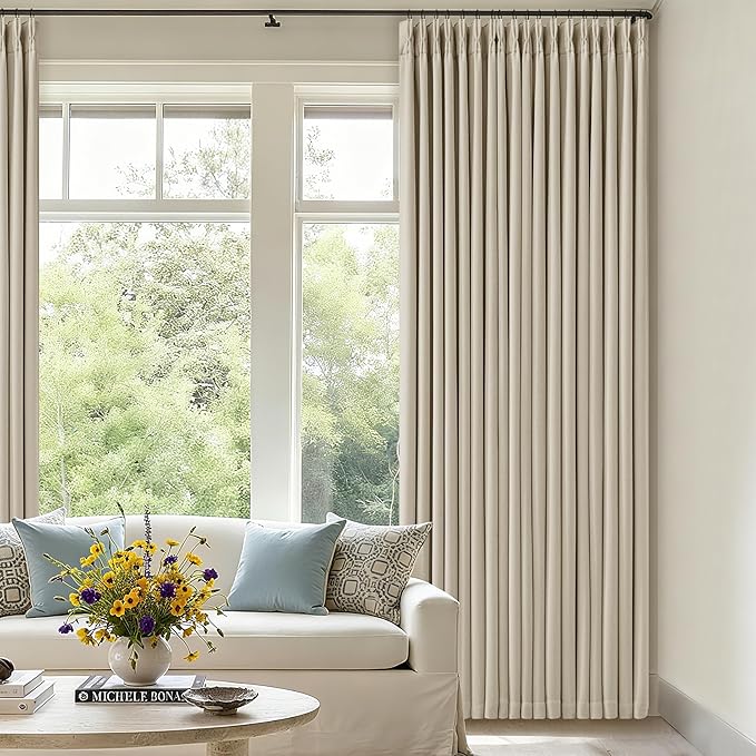 Oatmeal Pinch Pleated 100% Blackout Linen Curtains 100 Inch Length 2 Panels Pinch Pleat Curtains Black Out Light Blocking Room Darkening Drapes with Liner for Bedroom Living Room Window Cream Beige