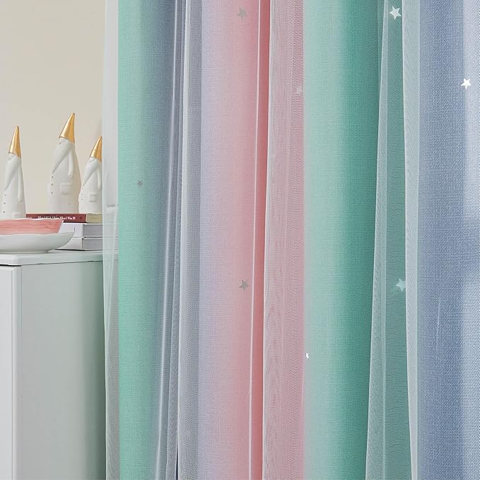 XiDi Curtains for Bedroom Decor, Rainbow Pinkgreen grey52/96