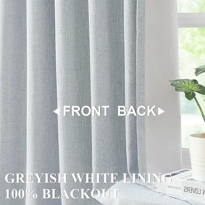 Vision Home Blue Fog Linen Full Blackout Curtains 95 inch for Bedroom Living Room Darkening Light Blocking Window Panels Thermal Insulated Rod Pocket Back Tab Neutral Drapes 56" Wx95 Lx2
