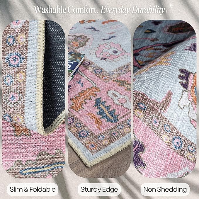 Fame Rugs Pink Beige Modern Oushak Rug 3x5, Washable Vintage Turkish Colorful Oriental Antique Inspired Foldable Small Area Rugs, Luxury Living Room Bedroom (390PP, 2'6" x 5')