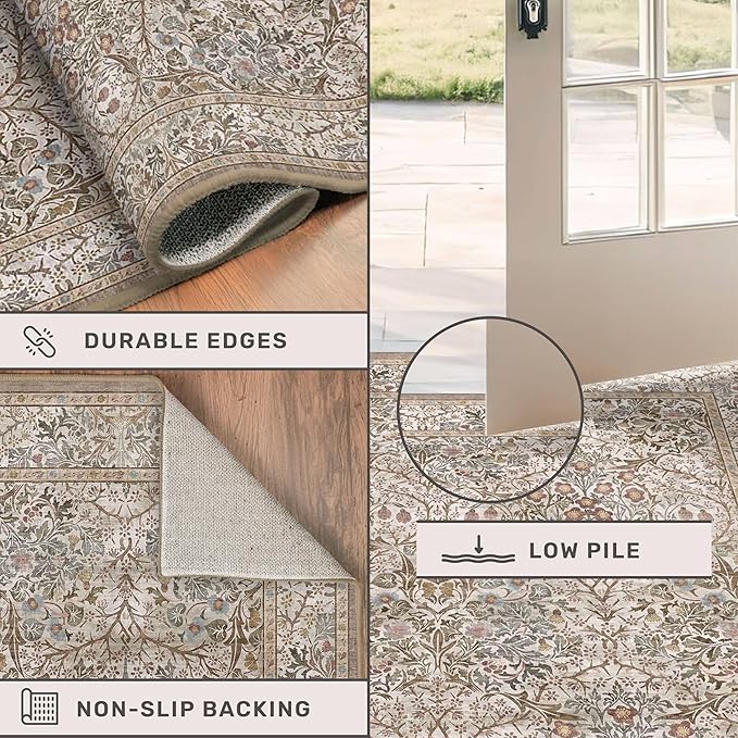 Dining Room Rugs for Under Table - 6x8 Washable Moss Green Area Rug for Living Room, Low Pile Non-Slip Floor Carpet for Bedroom - Vintage Olive Taupe Design & Stain Resistance