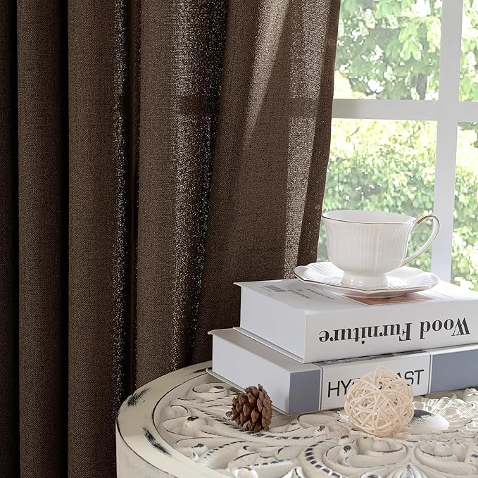 YoungsTex Brown Linen Curtains 63 Inches Length 2 Panels - Chocolate Semi Sheer Window Drapes Light Filtering with Bronze Grommet Privacy for Living Room Bedroom Farmhouse, 52 x 63 Inch