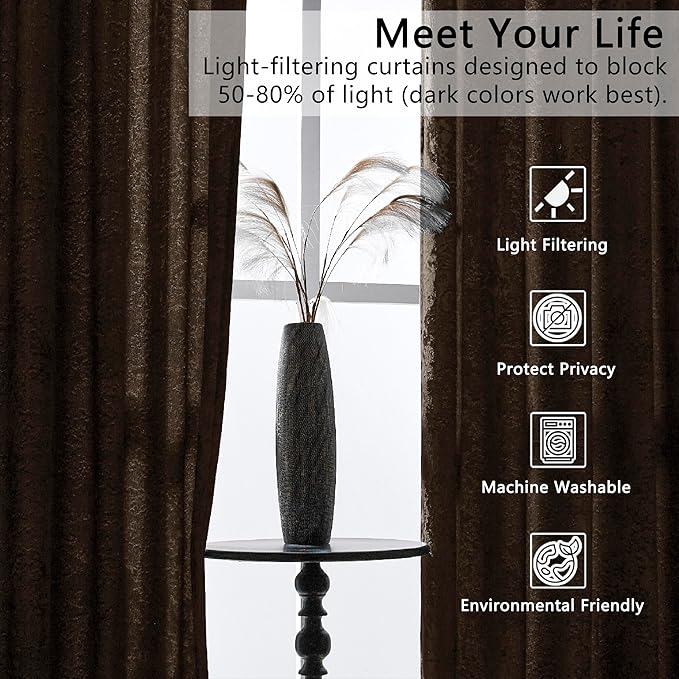 SMILETIME Chocolate Crushed Velvet Curtains 52x84inch Rod Pocket Luxurious Thermal Insulated Soundproof Drapes Soft and Durable Light-Filtering Window Treatments for Living Room Bedroom, 2 Panels