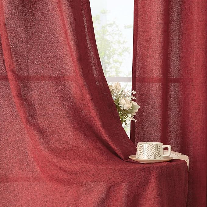 YoungsTex Red Linen Curtains 45 Inch Length, Short Light Filtering Drapes with Bronze Grommet Semi Sheer Privacy for Kitchen Living Room Window Lightweight, 42 x 45 Inch, 2 Panels