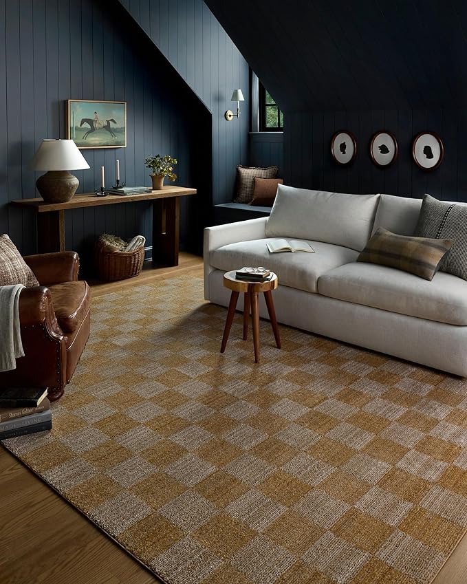 Loloi Chris Loves Julia Calvin Collection CLV-01 Apricot/Ivory 7'-10" x 10' Area Rug Checkered Neutral Soft Living Room Bedroom Carpet