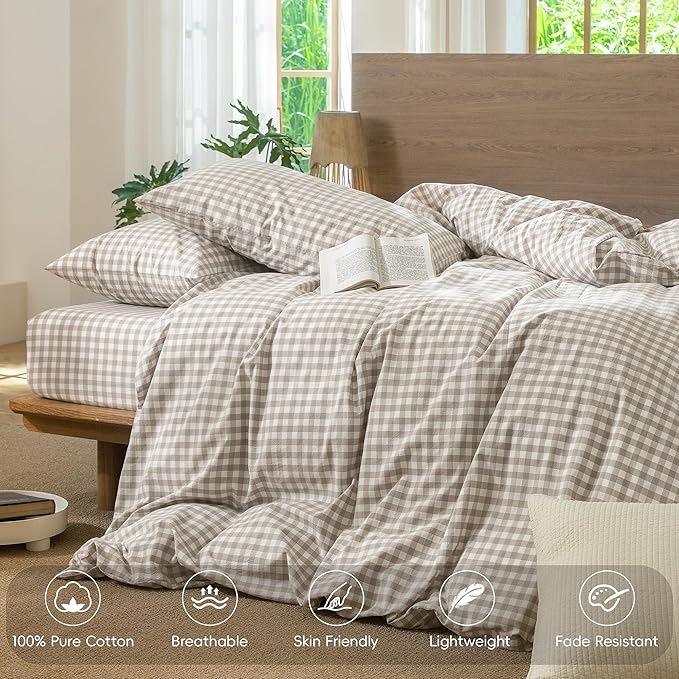 MooMee Gingham Duvet Cover Set 100% Washed Cotton Linen Like Textured Breathable Durable Soft Comfy Modern Checkered Design (Tannish Linen Grey Gingham, King 104"x90")