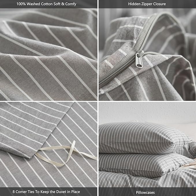 MooMee Striped Duvet Cover Set 100% Washed Cotton Linen Like Textured Breathable Durable Soft Comfy (Light Grey White Wide Stripes, Full 80"x90")
