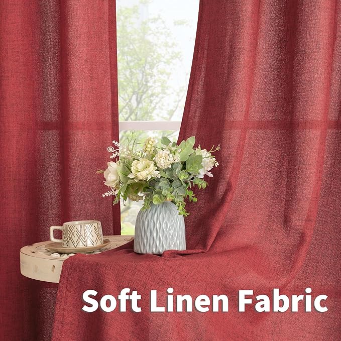 YoungsTex Red Linen Kitchen Curtains 36 Inch Length, Short Light Filtering Drapes Semi Sheer with Bronze Grommet Lightweight for Cafe Bathroom Window, 42 x 36 Inch, 2 Panels