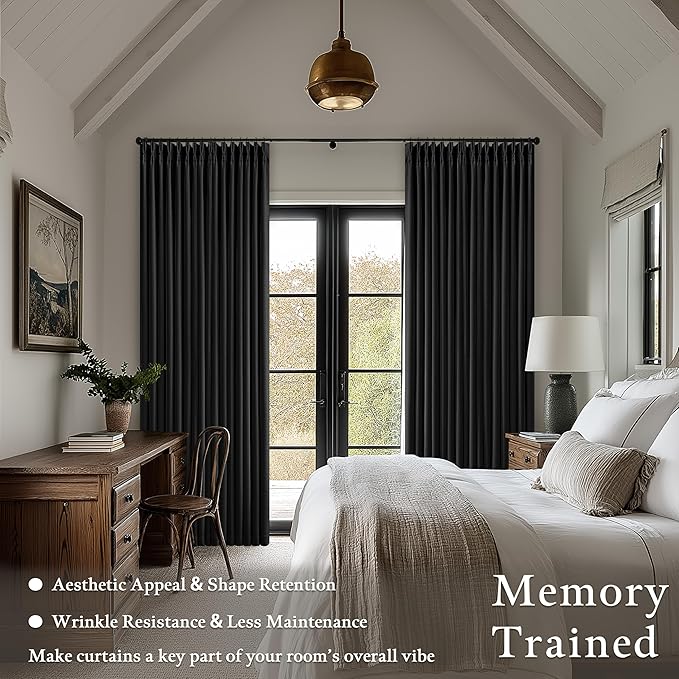 Black Pinch Pleated Blackout Linen Curtains 120 Inches Long for Living Room Bedroom 2 Panels Room Darkening Thermal Insulated Neutral Black Farmhouse 100% Blackout Window Curtain Drape 120 Inch