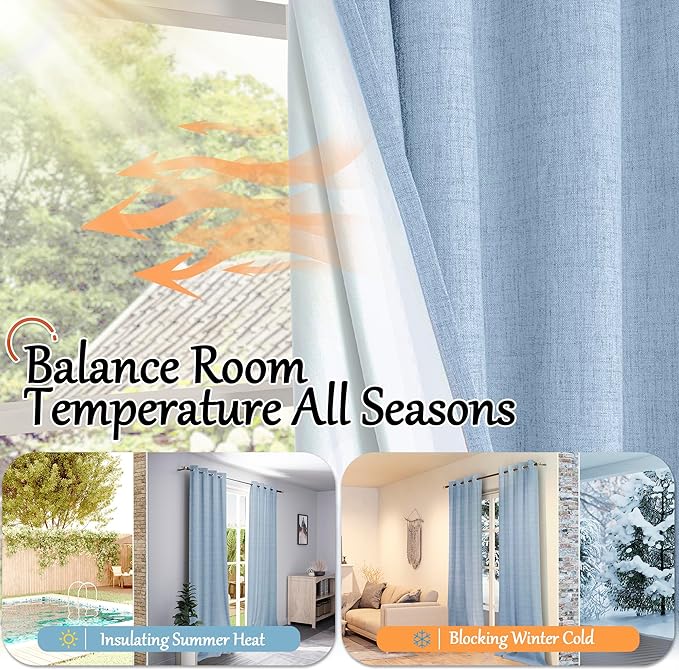 Baby Blue Linen Blackout Curtains for Nursery 40 Inch Length 2 Panels, Short Thermal Insulated Boho Total Black Out Noise Reducing Small Window Curtains for Kids Bedroom, Each 38 Inch Wide