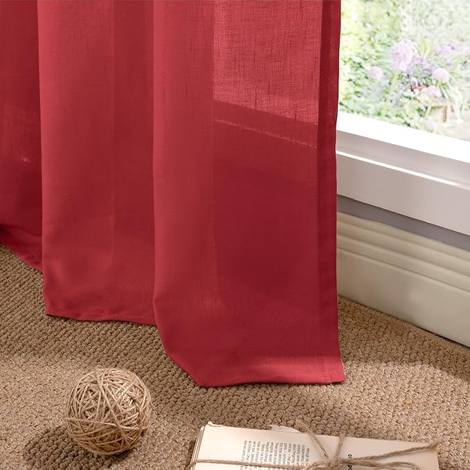 YoungsTex Red Linen Curtains 95 Inches Length for Living Room, Light Filtering Drapes Privacy with Grommet for Christmas Bedroom Dining Room, 2 Panels, 52 X 95 Inch